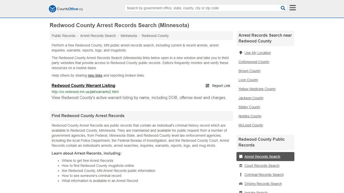 Redwood County Arrest Records Search (Minnesota) - County Office